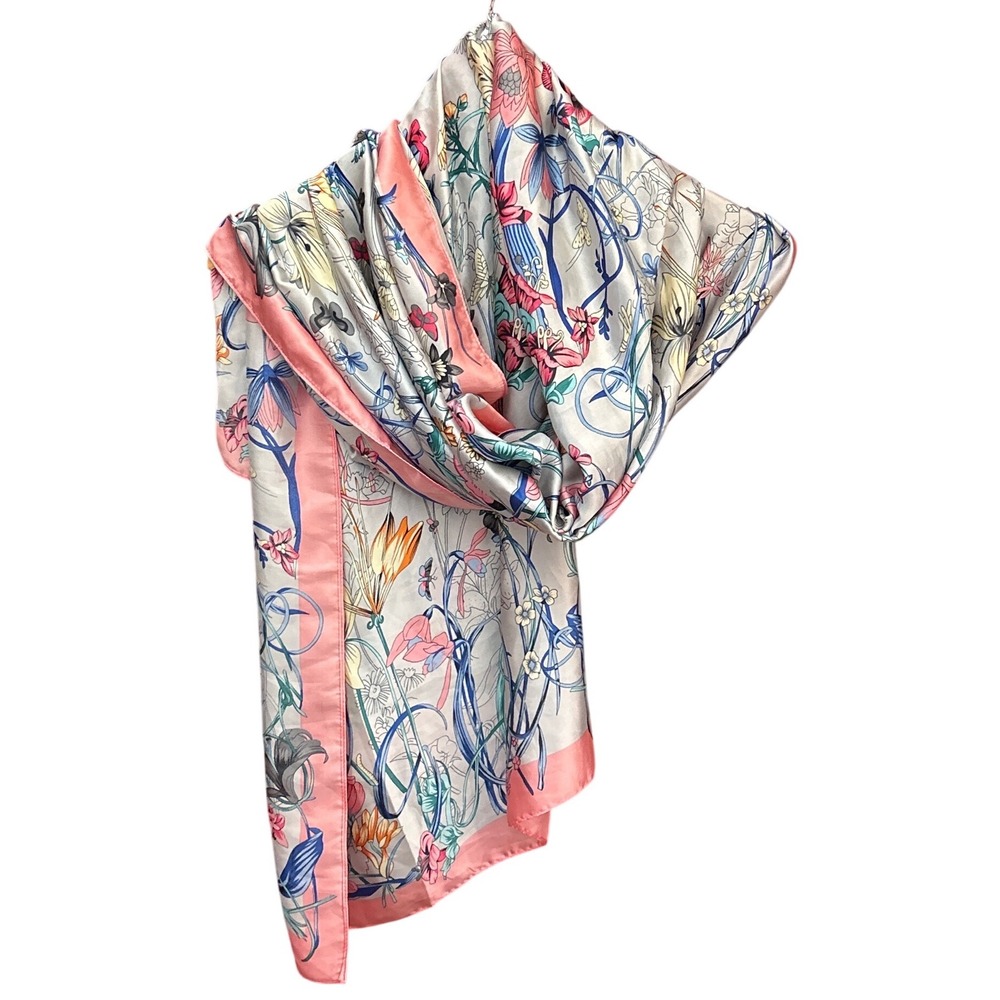 Modern Unbranded Floral Silk Blend Scarf Cottagecore Botanical Garden Wrap